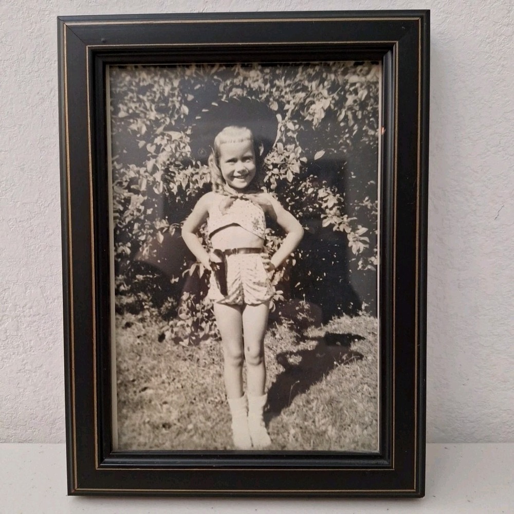 Antique Young Girl Standing by Bushes W/ Hat & Gun Photograph In Wood Frame